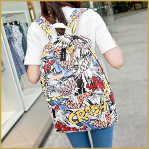 Cool action-printed graffiti backpack for unique look.