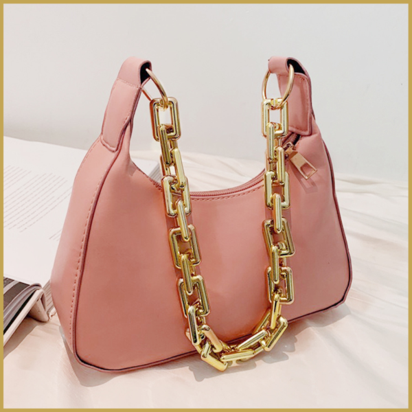 Classic Leather textured shoulder bag with gold chain strap.